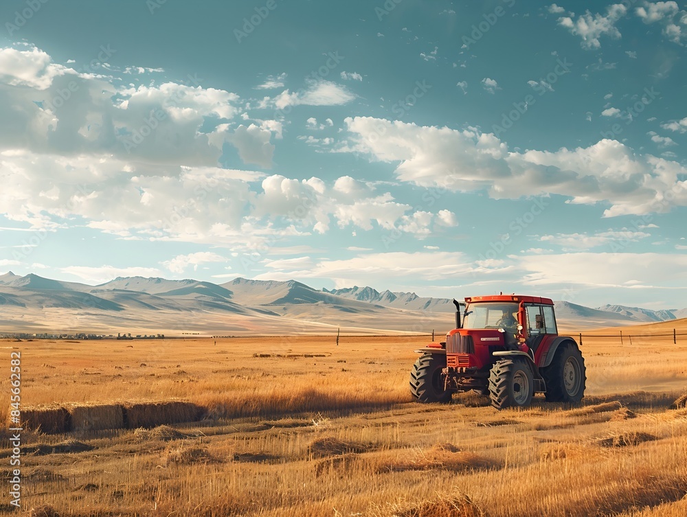 Tractor Distributing Hay Bales in Large Open Countryside Field for Tractor Distributing Hay Bales in Large Open Countryside Field for