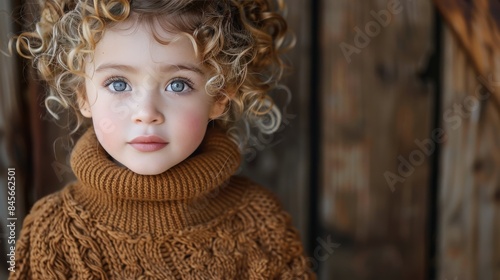 Young Girl With Curly Blonde Hair Wearing Brown Sweater Looking at Camera