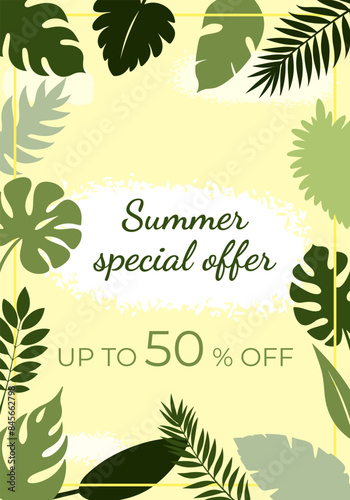 summer poster with tropical leaves, special summer offer