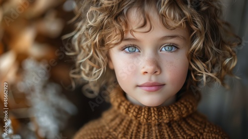 Young Girl With Curly Blonde Hair Wearing Brown Sweater Looking at Camera