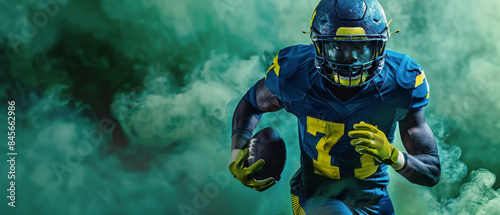 Football Player Running With Green Smoke in Background