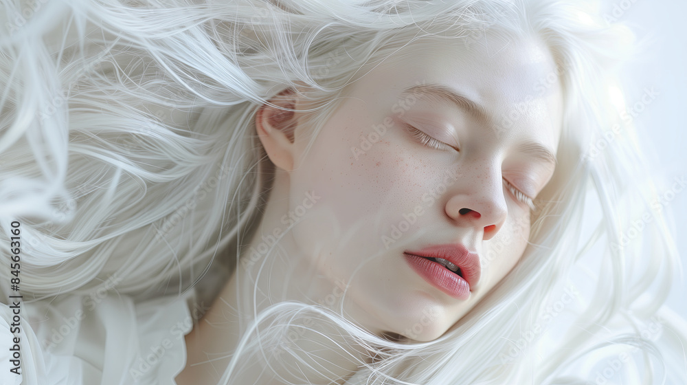 Peaceful portrait of a person with albinism, eyes closed, with flowing hair. Ideal for beauty campaigns, awareness initiatives, and educational content. Generated AI