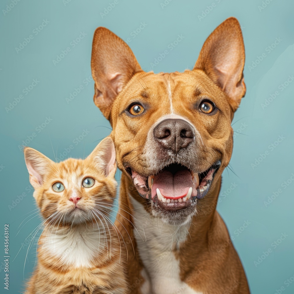 Portrait of Happy pitbull pit bull dog and orange tabby cat looking into studio camera together isolated on blue background, veterinarian doctor office showing pets as friends.
Portrait of Happy pitbull pit bull dog and orange tabby cat looking into studio camera together isolated on blue background, veterinarian doctor office showing pets as friends.
