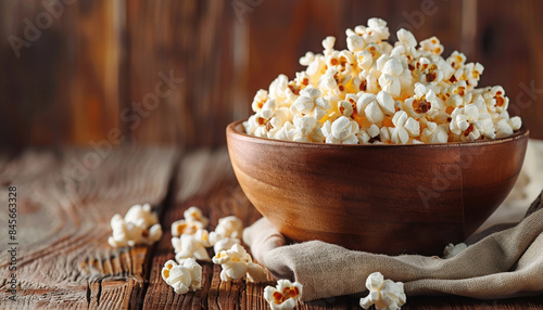 A bowl filled with freshly popped salted popcorn resting on a rustic wooden table