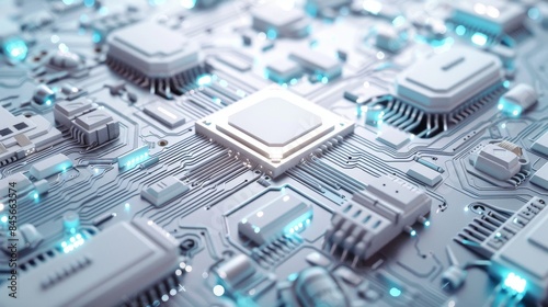 Illustration of a high-tech circuit board of the future in white colors, quantum computer, 3D printer, future technology, futuristic, great for scientific articles, white high-tech background