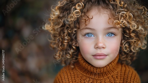 Young Girl With Curly Blonde Hair Wearing Brown Sweater Looking at Camera