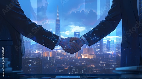 Two businessmen shaking hands with digital overlay in front of cityscape at night