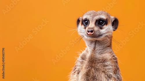 Curious meerkat with a funny expression on an orange background.
