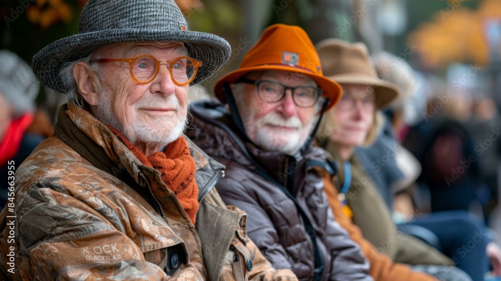 Three men wearing hats and glasses, sitting next to each other and smiling.