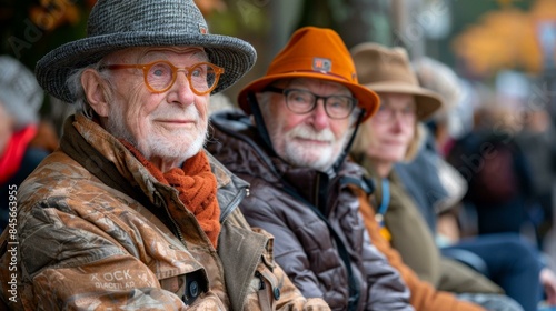 Three men wearing hats and glasses, sitting next to each other and smiling.