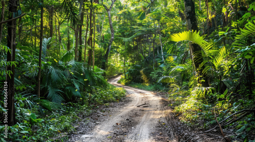 Obraz premium A dirt road stretches through dense jungle vegetation, creating a path in the wild surroundings