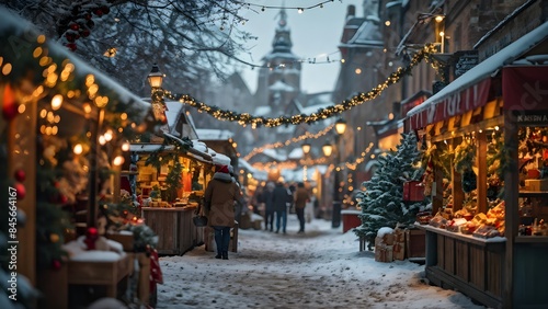 Christmas poster of market scene with decor and copy space