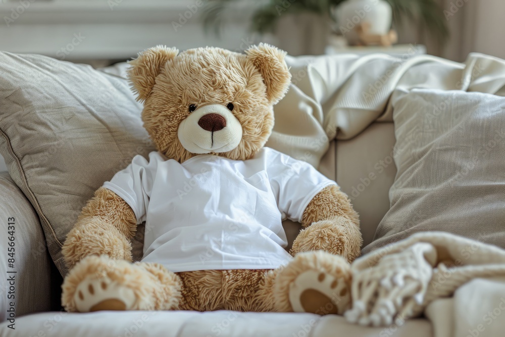 Bear in a white T-shirt, an empty mockup featuring a large plush bear seated on a leather sofa creates a cozy and inviting scene, perfect for showcasing design concepts or products Bear in a white T-shirt, an empty mockup featuring a large plush bear seated on a leather sofa creates a cozy and inviting scene, perfect for showcasing design concepts or products