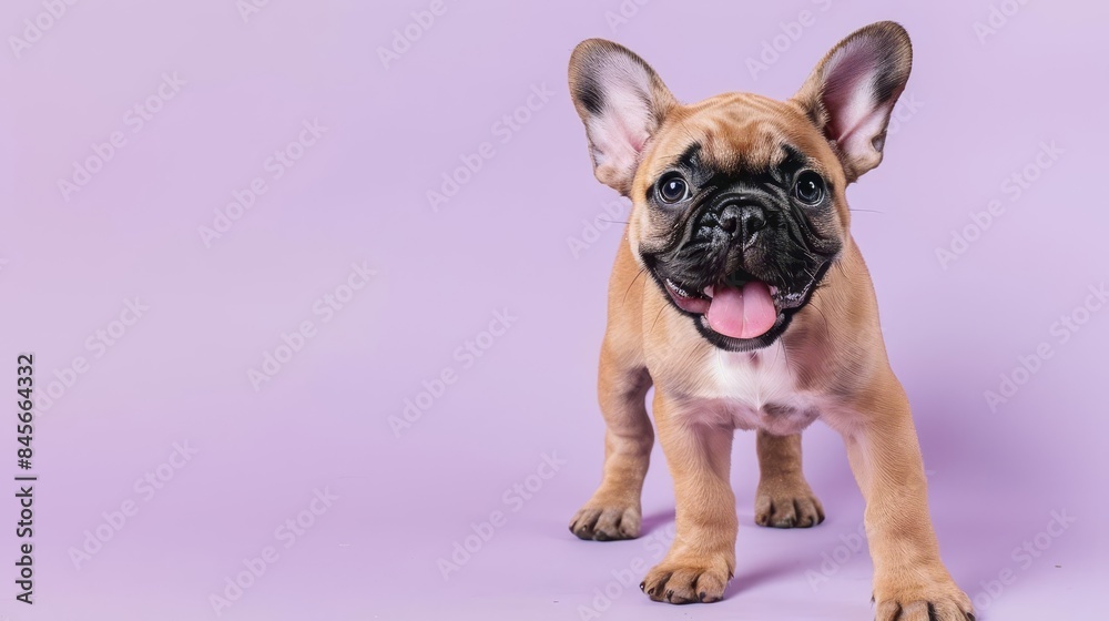Obraz premium Adorable French Bulldog puppy with big ears and a happy expression on a purple background.
