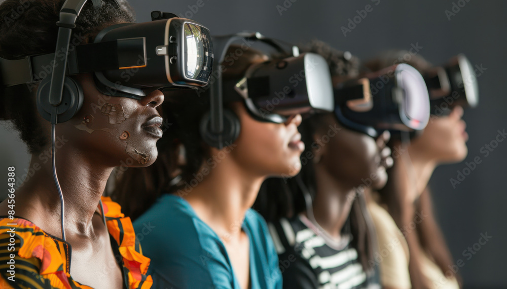 A group of individuals immersed in virtual reality experiences while wearing VR headsets A group of individuals immersed in virtual reality experiences while wearing VR headsets