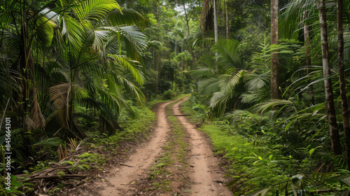 Fototapeta Naklejka Na Ścianę i Meble -  A dirt road stretches through dense jungle vegetation, creating a path in the wild surroundings 