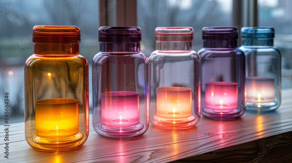 Six different colored glass jars are arranged on a table, creating a visually appealing display. Six different colored glass jars are arranged on a table, creating a visually appealing display.