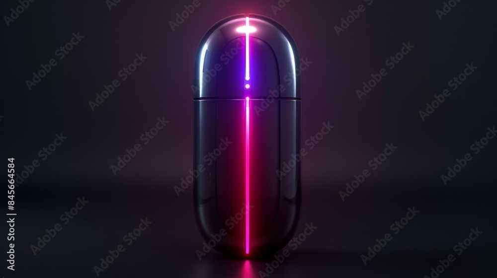 A pill with a pink and purple stripe on it. A pill with a pink and purple stripe on it.