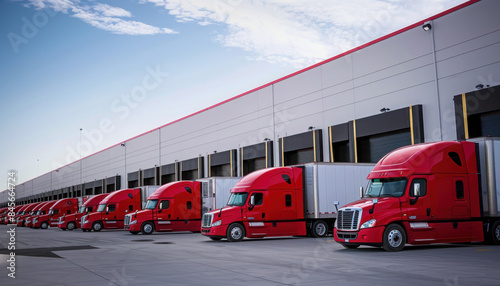A fleet of red semi trucks parked in front of a building at a distribution center, with drivers loading cargo