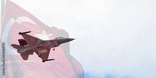  F 16 fighter jet. Turkish flag and F-16 aircraft in the background. Teknofest air shows. Solo Turk.