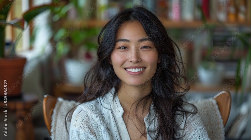 happy asian woman sitting in her chair smiling happy asian woman sitting in her chair smiling