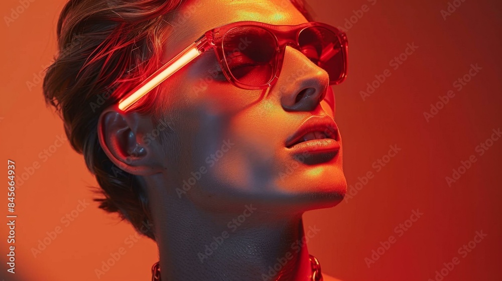 A man wearing sunglasses and a necklace is posing for the camera. He has a stylish haircut and is wearing a bright orange shirt.
