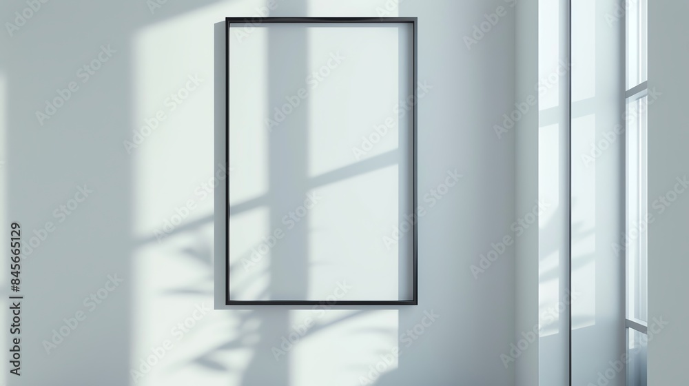Minimalist empty black picture frame hanging on a white wall with natural light and shadows from a window. Modern interior decor. Minimalist empty black picture frame hanging on a white wall with natural light and shadows from a window. Modern interior decor.