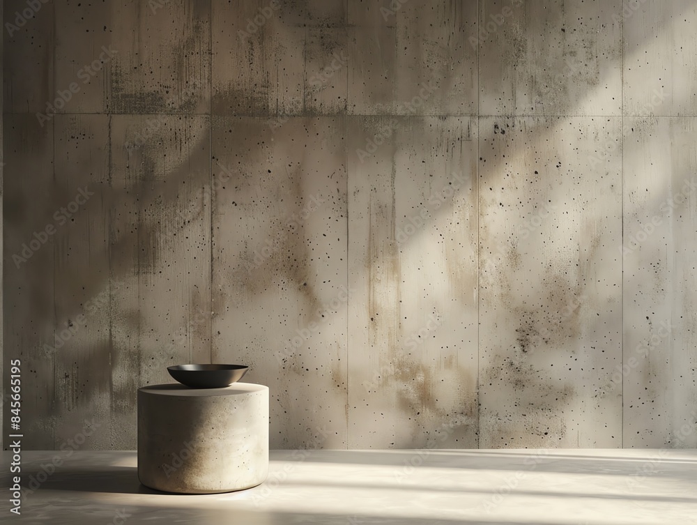 Minimalist interior with concrete wall, serene lighting, and a single cylindrical table topped with a decorative bowl, casting dramatic shadows. Minimalist interior with concrete wall, serene lighting, and a single cylindrical table topped with a decorative bowl, casting dramatic shadows.