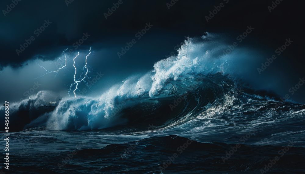 A large wave rises in the dark, stormy ocean, illuminated by lightning in the night