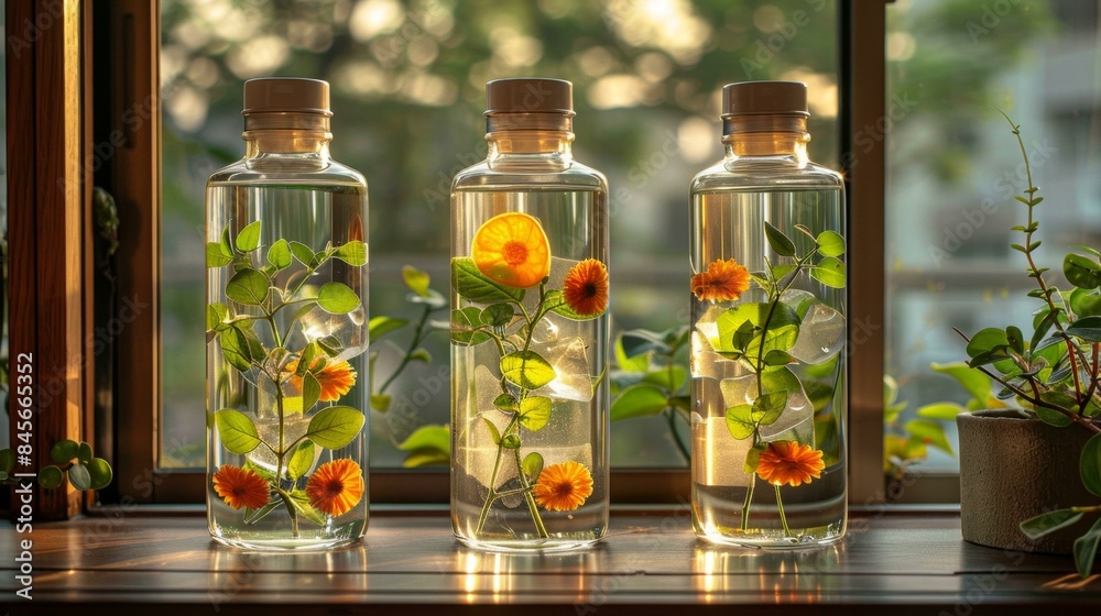 Three vases with flowers in them, each with a different type of flower. The vases are lined up next to a window, and the flowers are visible through the glass. Three vases with flowers in them, each with a different type of flower. The vases are lined up next to a window, and the flowers are visible through the glass.