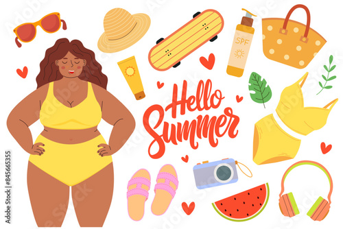 Set of illustrations for the summer, stickers for the diary. Black young woman in a yellow swimsuit. Vector cartoon flat illustration