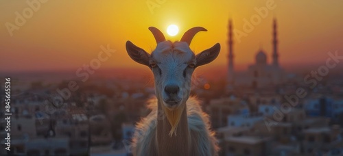 White Goat Gazing at Sunset Over Cityscape With Mosque