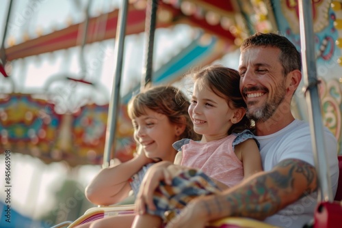 Mom, dad, and kids enjoy rides together, laughter echoing through the air, creating cherished family memories at the amusement park