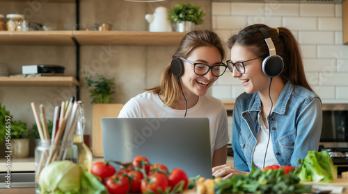 Culinary Bonding: Mother and Daughter Enjoying an Online Cooking Class Together in Their Home Kitchen.  A mother and daughter were in the kitchen, sitting at their laptop together while making lunch.