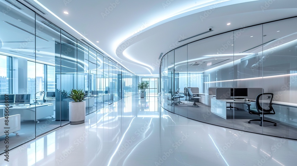 Contemporary business office design with metal accents, ambient light, paper elements, glass walls, and modern technology interior - corporate workspace concept Contemporary business office design with metal accents, ambient light, paper elements, glass walls, and modern technology interior - corporate workspace concept