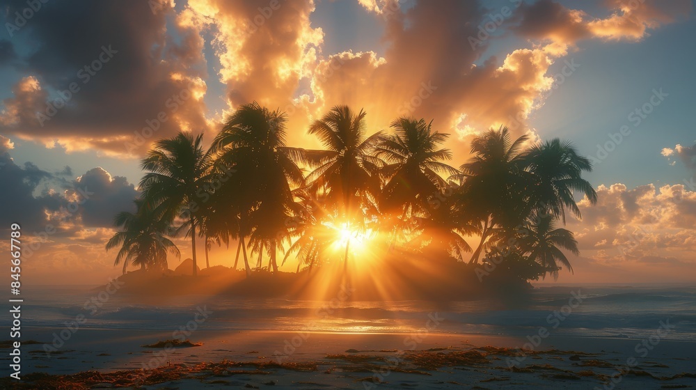 Tropical Sunrise Over Palm Trees On A Sandy Beach