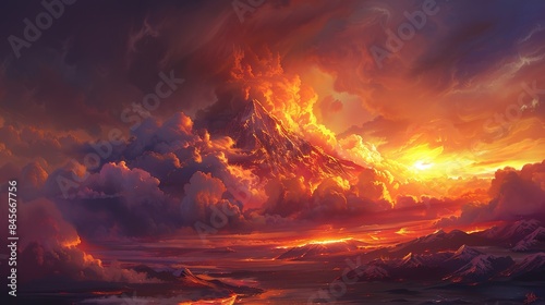 Dramatic view featuring a volcano covered in clouds and a golden sunset