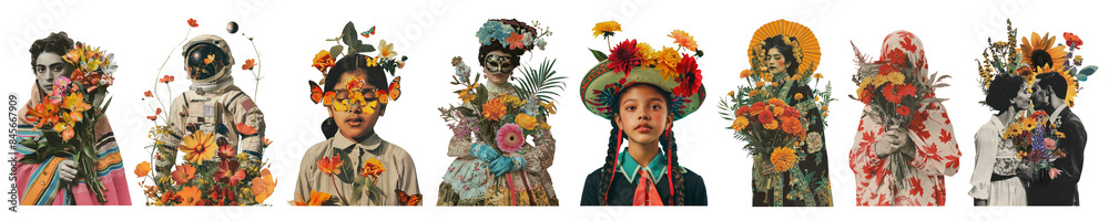 people with flower collage set