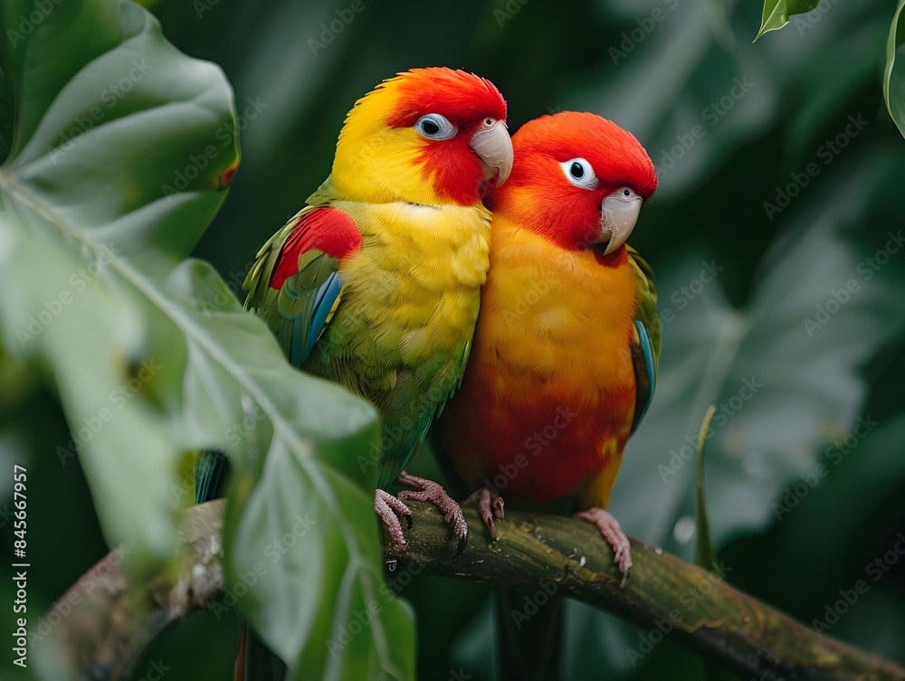 Obraz premium Lovebird Couple Nestled on Branch Surrounded by Vibrant Foliage