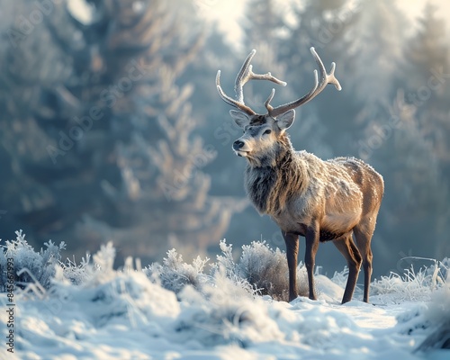 Majestic Stag Standing Proudly in Snowy Landscape with Frost Covered Trees © Thares2020
