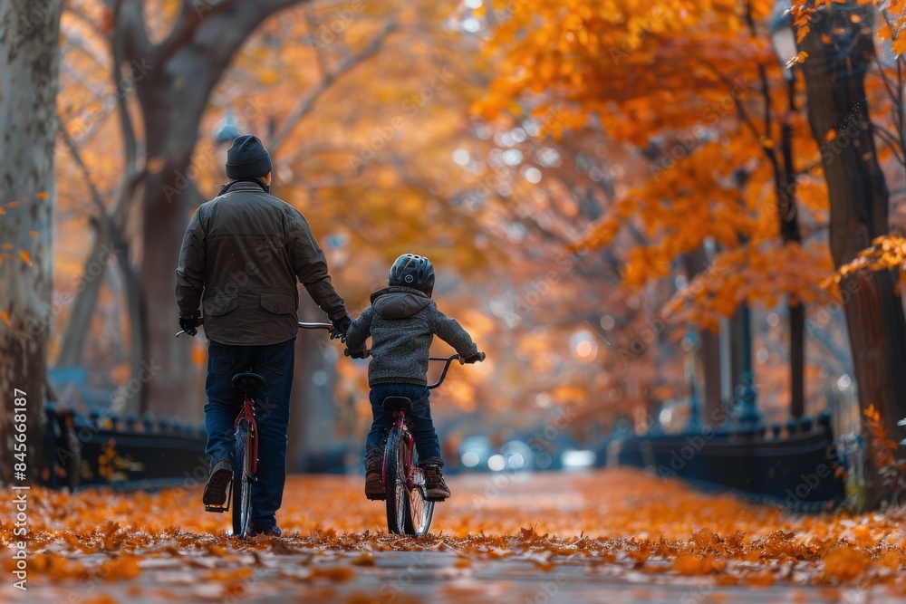 Two Boys Riding Bikes Through Autumn Leaves Two Boys Riding Bikes Through Autumn Leaves