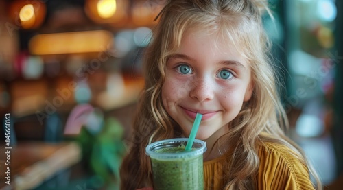 Smiling Girl Enjoying a Green Smoothie in a Cafe