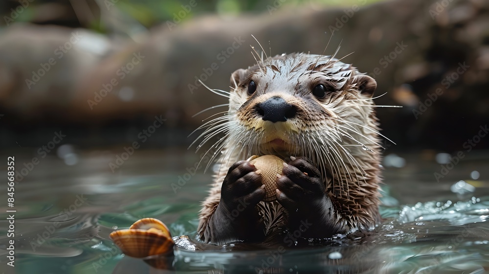 Curious Otter Floating on its Back Holding a Clam in a Clear River Curious Otter Floating on its Back Holding a Clam in a Clear River