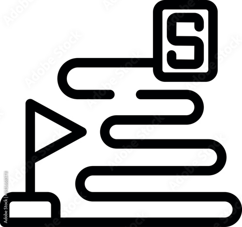 Long and winding road leading to success, marked with a flag at the starting point and the letter s