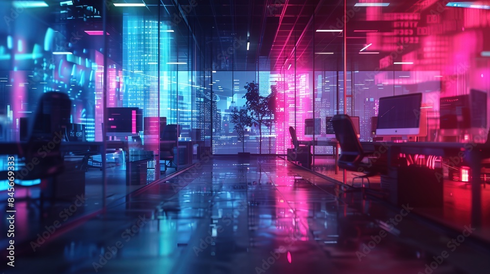 Modern neon cyberpunk open space office interior 
