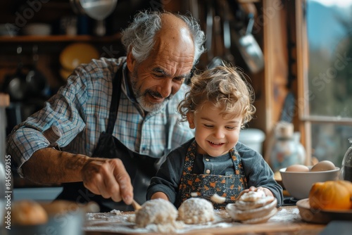 Father and Son Baking Together in a Cozy Kitchen