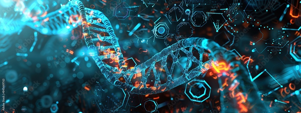 Futuristic science background featuring glowing spirals and human DNA chemical element Futuristic science background featuring glowing spirals and human DNA chemical element