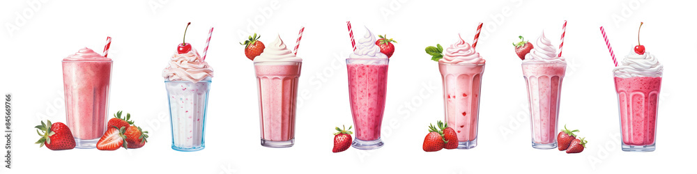 Strawberry smoothie drink food set