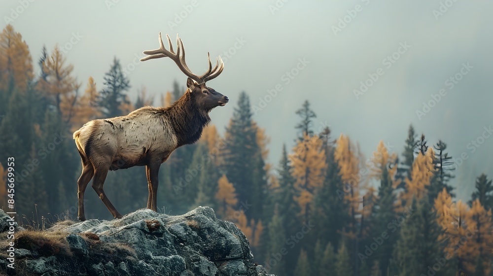 Majestic Elk Overlooking Vibrant Autumn Forest from Ridge Majestic Elk Overlooking Vibrant Autumn Forest from Ridge