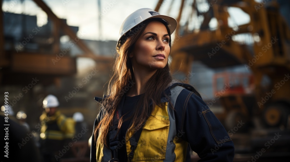 Confident Female Construction Engineer Directing Heavy Machinery at Building Site with Cranes in Action Confident Female Construction Engineer Directing Heavy Machinery at Building Site with Cranes in Action